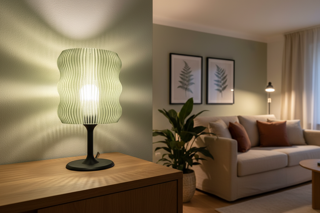 Candeeiro RAYDEN verde oliva em sala - textura canelada recriada em impressão 3D
