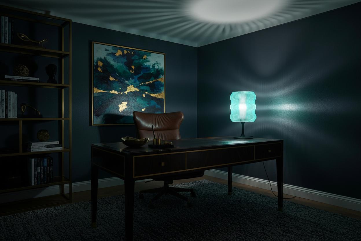 Candeeiro turquesa em escritório sofisticado